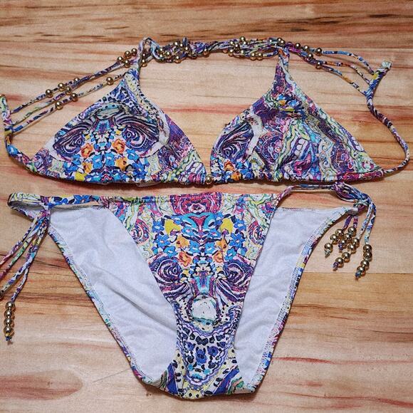Victorias Secret Swimsuit Bikini Set Paisley Beaded Strappy Back Top L Bottom-S - Picture 6 of 16